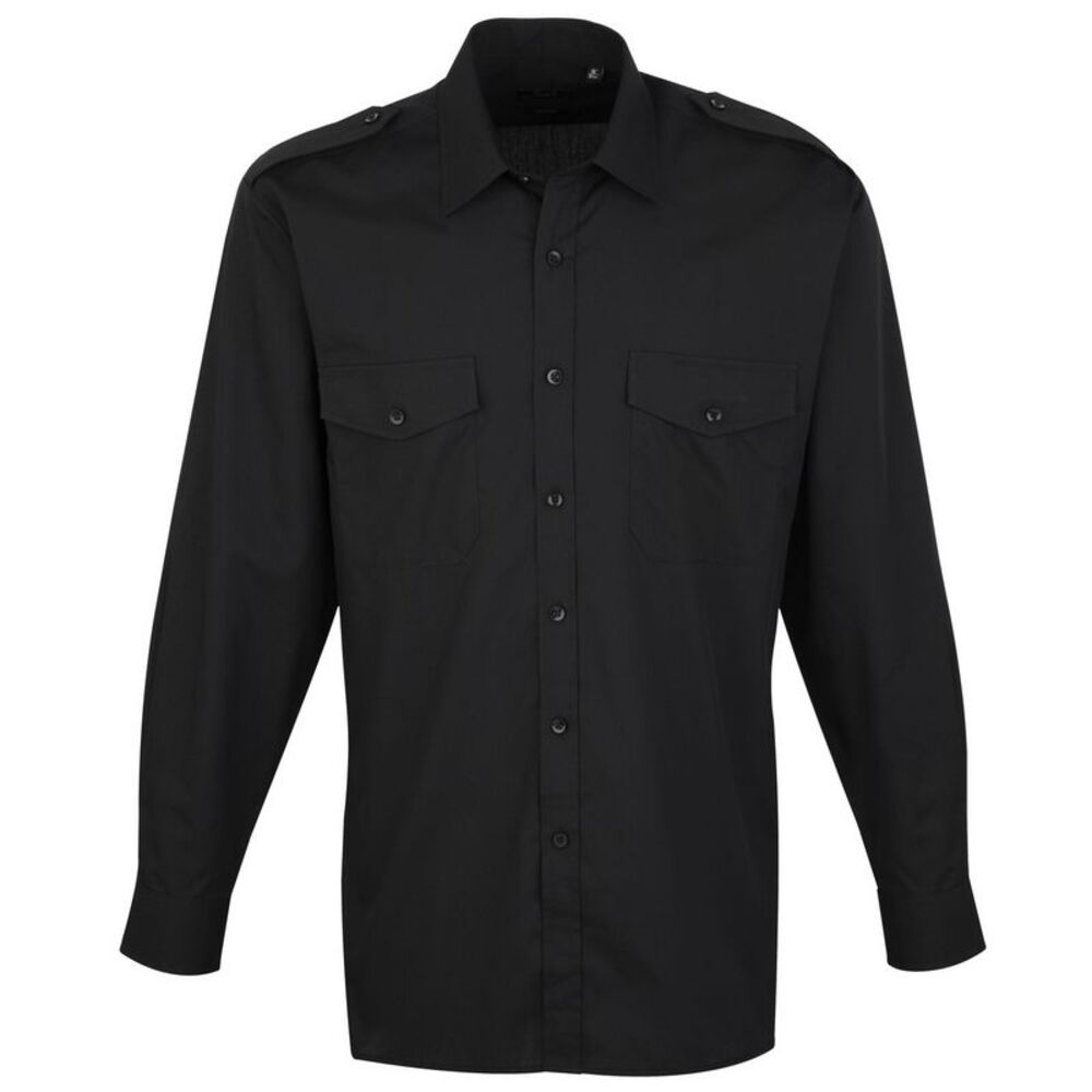 Premier Mens Long Sleeve Pilot Plain Work Shirt / Black